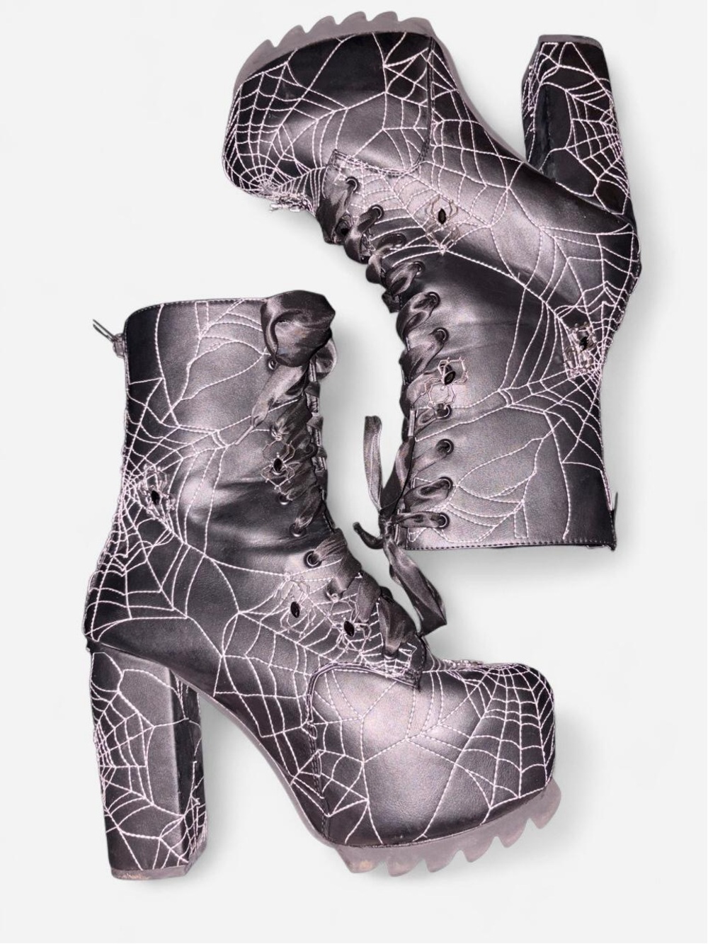 Dolls Kill Black Platform Lace-Up Ankle Boots with Silver Spiderweb Stitching
